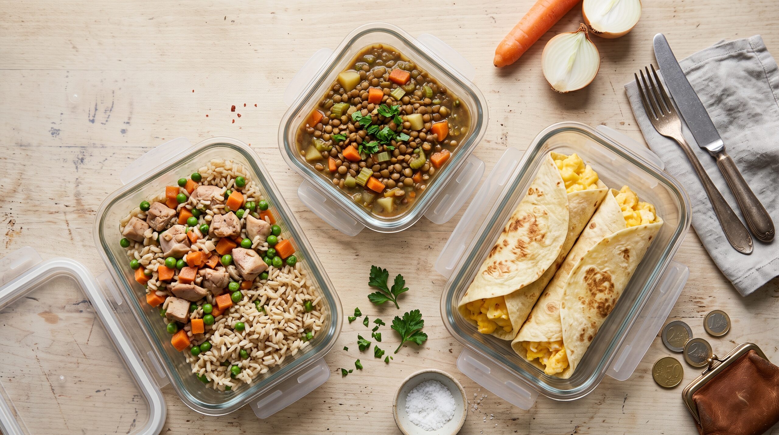 Günstiges Meal Prep unter 5 Euro pro Tag: Hähnchen-Reis-Pfanne, Linsen-Eintopf und Rührei-Wraps