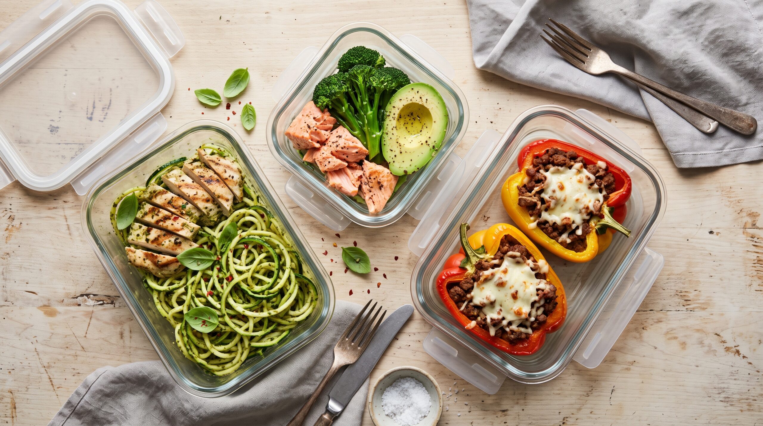 Low-Carb-Meal-Prep-Boxen mit Zucchini-Nudeln, Lachs und gefüllten Paprika