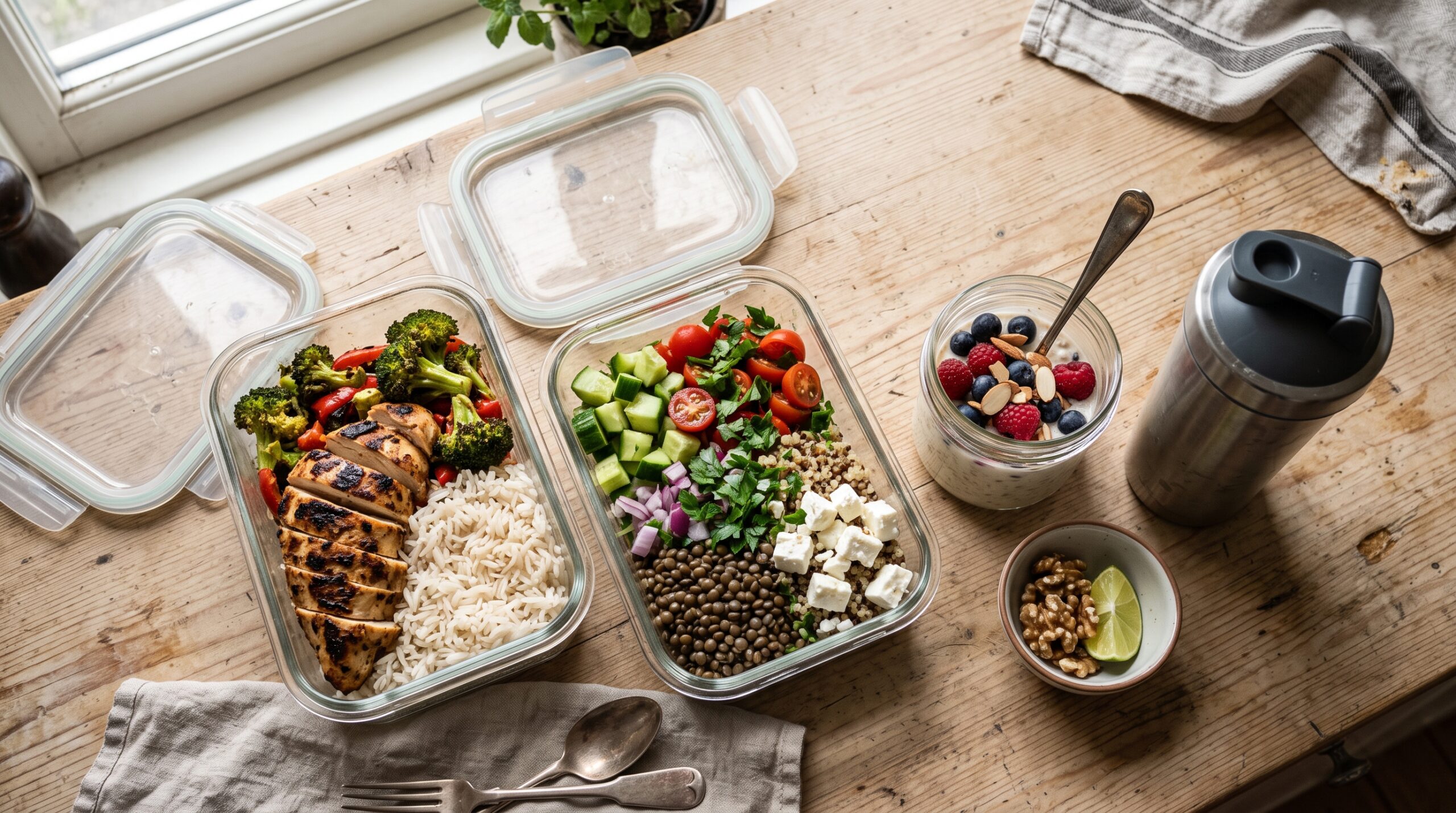 High-Protein-Meal-Prep-Boxen mit Hähnchen-Reis-Bowl, Linsen-Quinoa-Salat und Overnight Oats